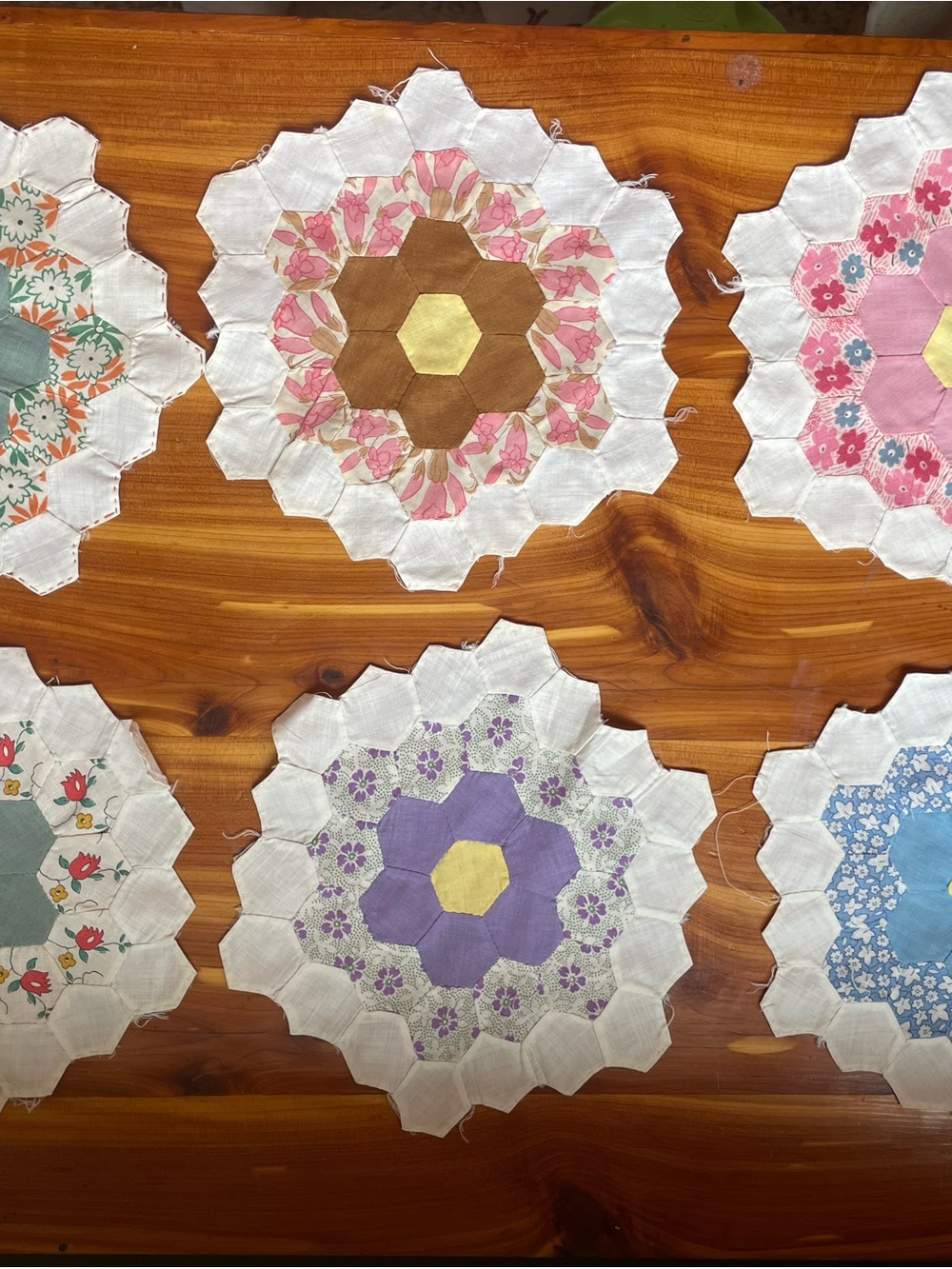 Set of 6 unfinished grandmothers garden Handmade Floral Hexagon Quilt Blocks